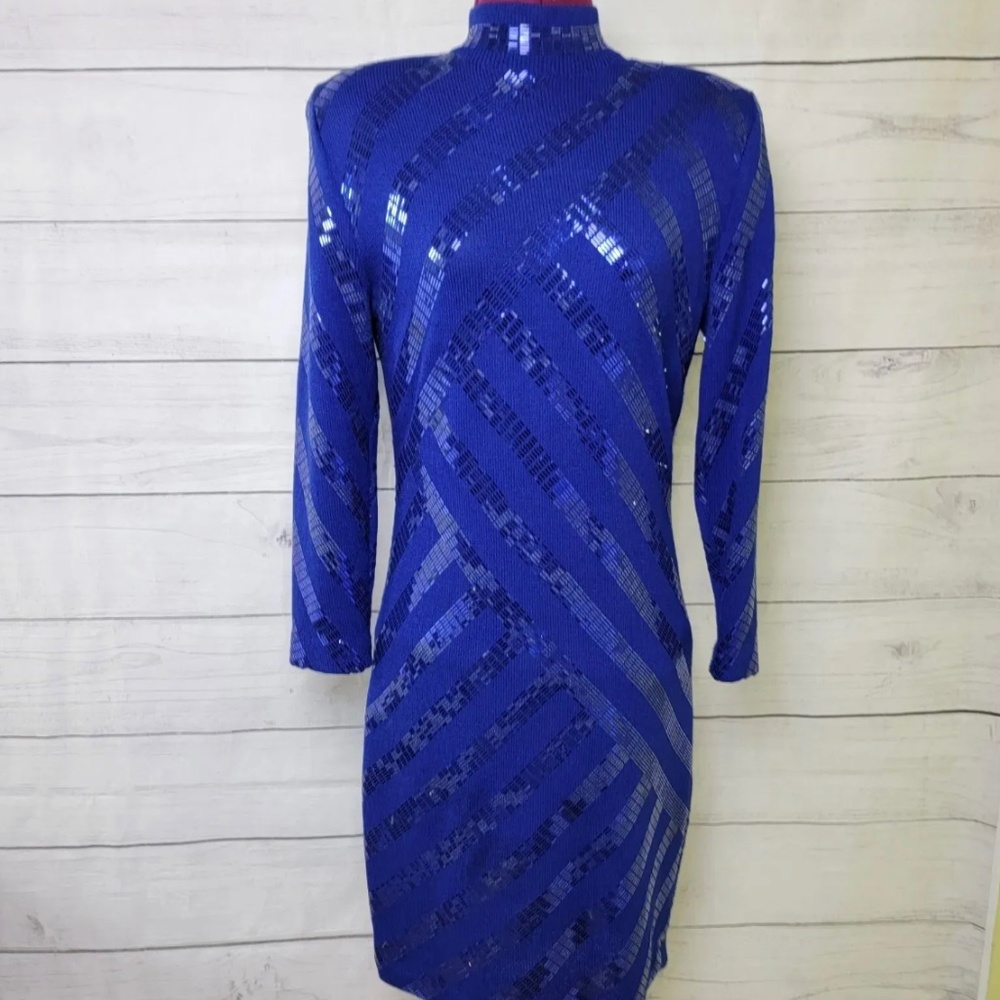 St. John Knits Blue Form Fitted Mock Neck Silver Sequin Paillette Dress US 8